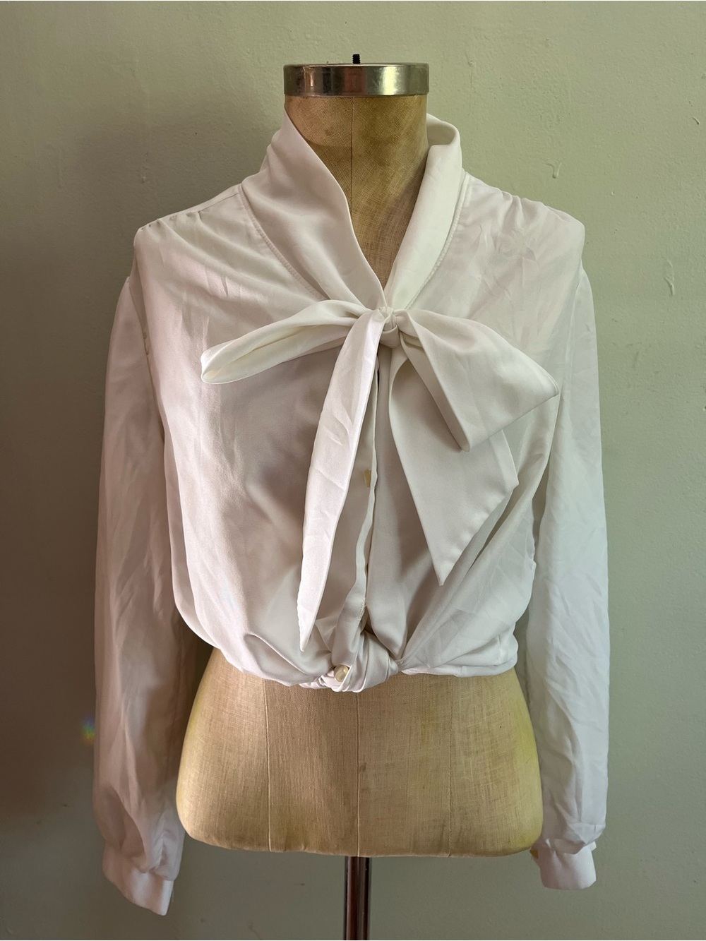 Chiffon Tie-Neck White Blouse with Gathered Hem